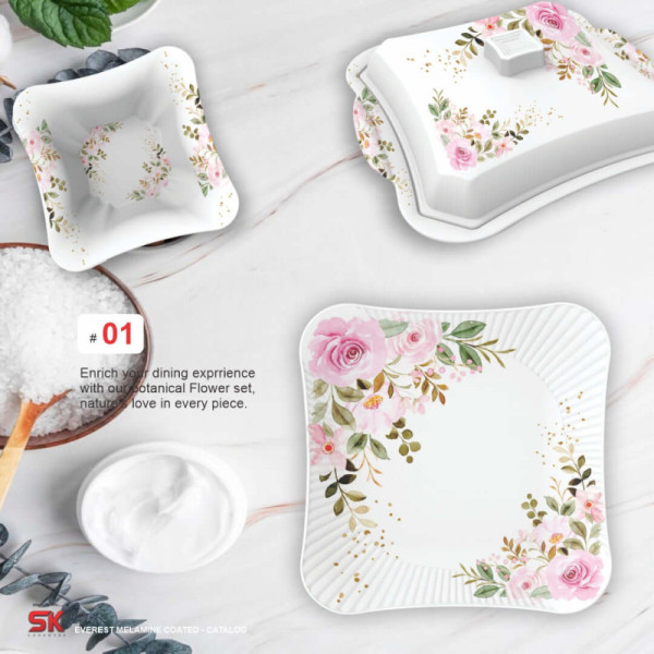 64 Pieces Melamine Single Glaze Bloom Dinnerware Set - 01