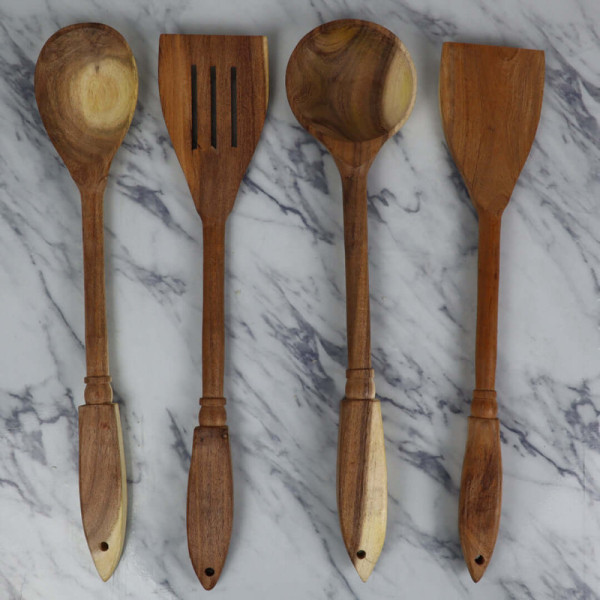 4 Piece Fancy Wooden Cooking Utensils Set of Spoons for Non-Stick Cookware