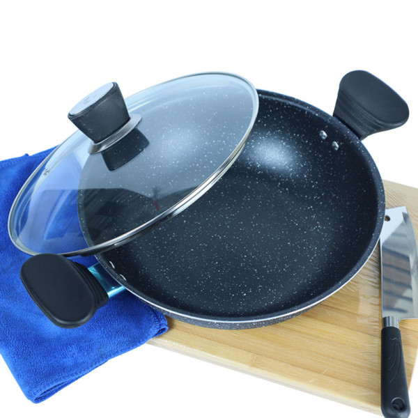 Marble Coated Wok (Karahi) with Glass Lid - Black