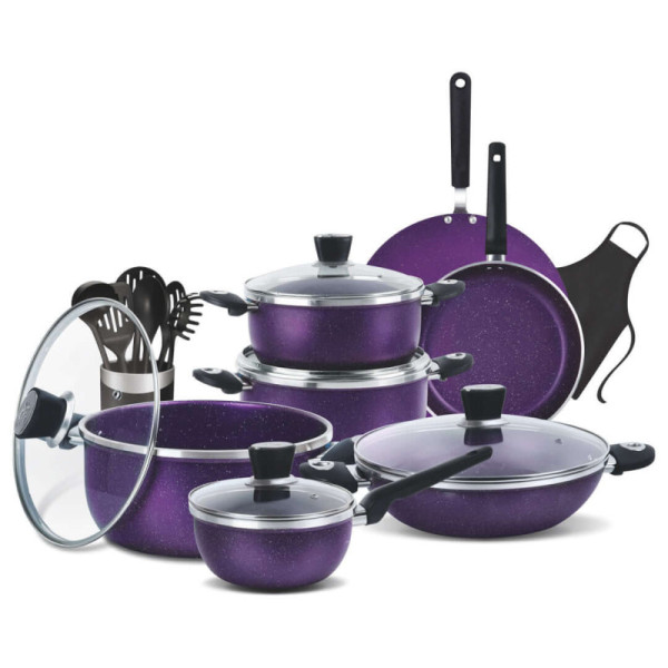 16 Pieces Marble Coated Gift Pack Daisy Cookware Set - Purple