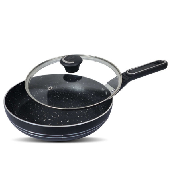 26cm Non Stick Marble Coated Royal Frypan with Glass Lid - Black