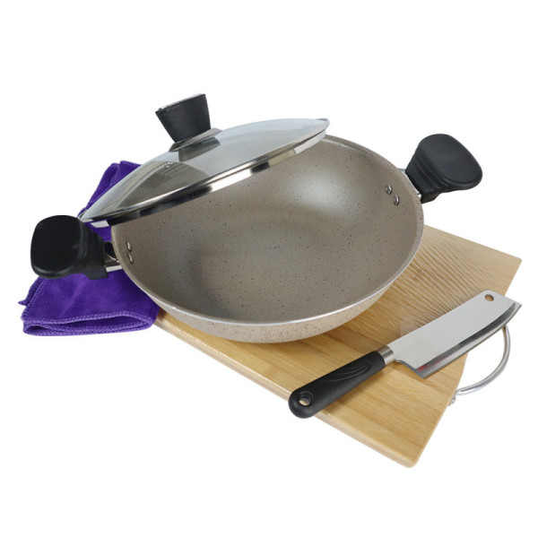 Marble Coated Wok (Karahi) with Glass Lid - Cream