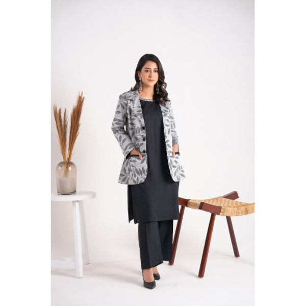 3 Piece Plain Linen Suit With Printed Coat