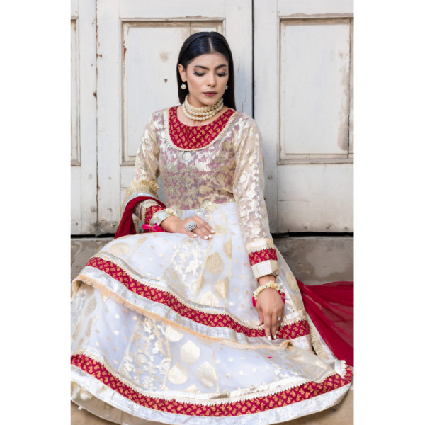 SDRS24-115 Off-White Lorence Frock with Lehenga, Straight Trouser & Maroon Dupatta