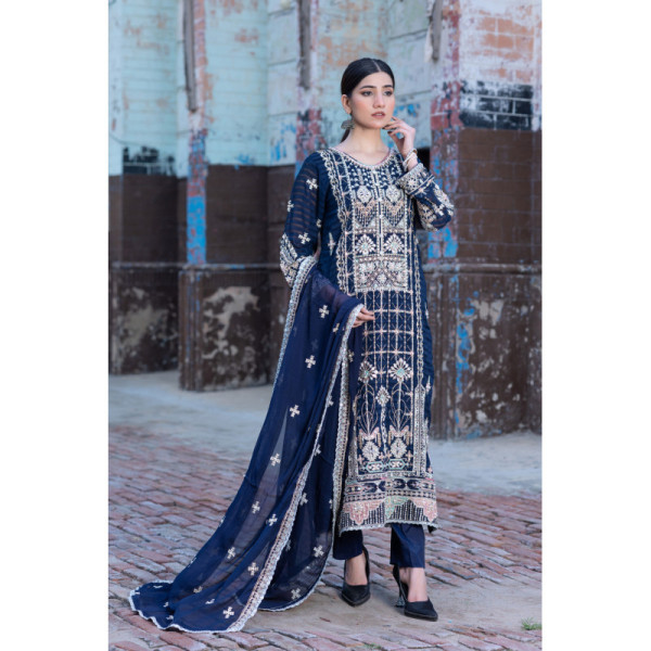 SDRS24-113 3 Piece Navy Blue Embroidered Suit | Ready To Wear