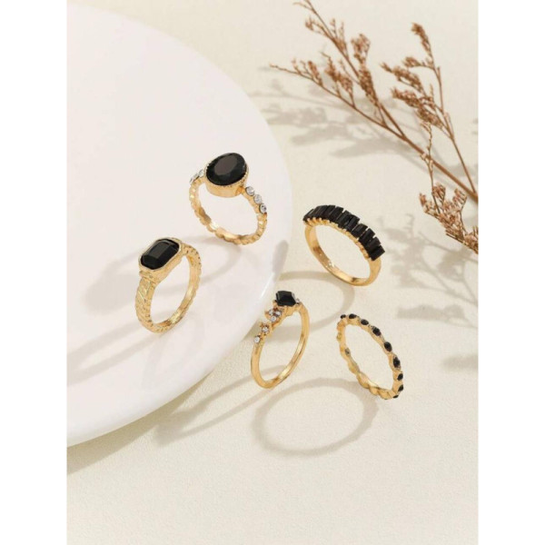 5pcs/set Simple Design Black Stone Inlaid Ring Set