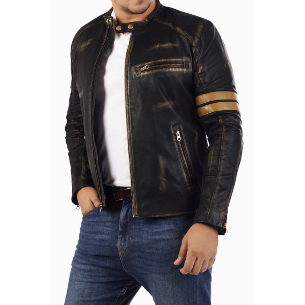 Cafe Racer Genuine Lambskin Leather Jacket-Black