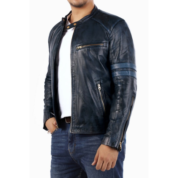 Cafe Racer Genuine Lambskin Leather Jacket-Blue