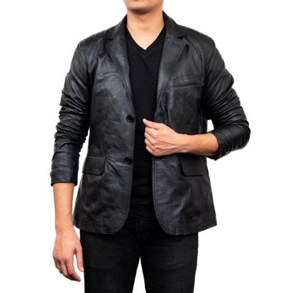 2-Button Men Lambskin Leather Blazer-Black