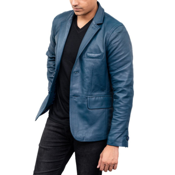 2-Button Men Lambskin Leather Blazer-Blue