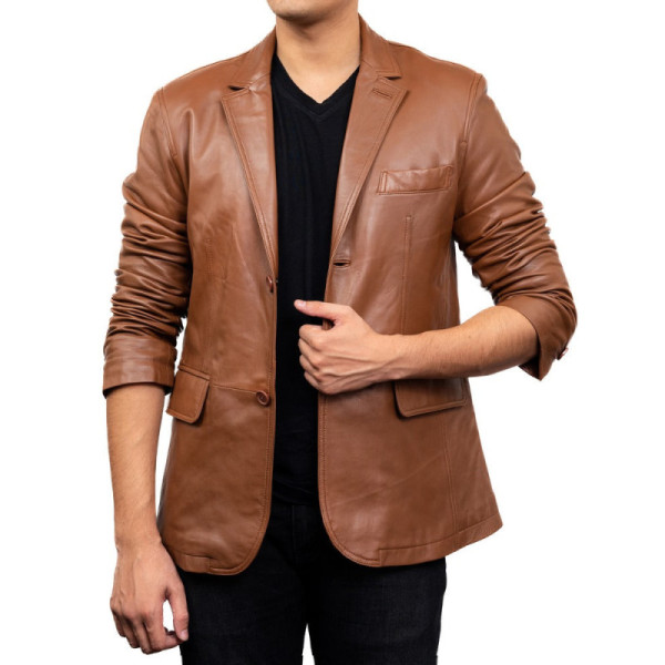 2-Button Men Lambskin Leather Blazer-Cognac