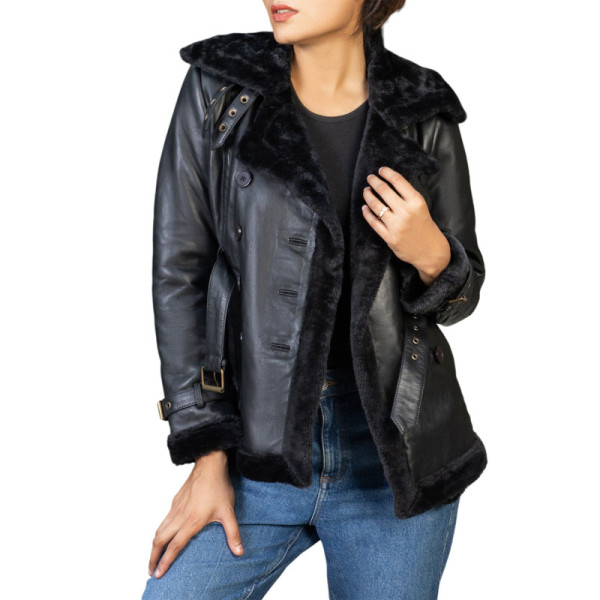 Women’s Double Breasted Real Shearling Leather Jacket