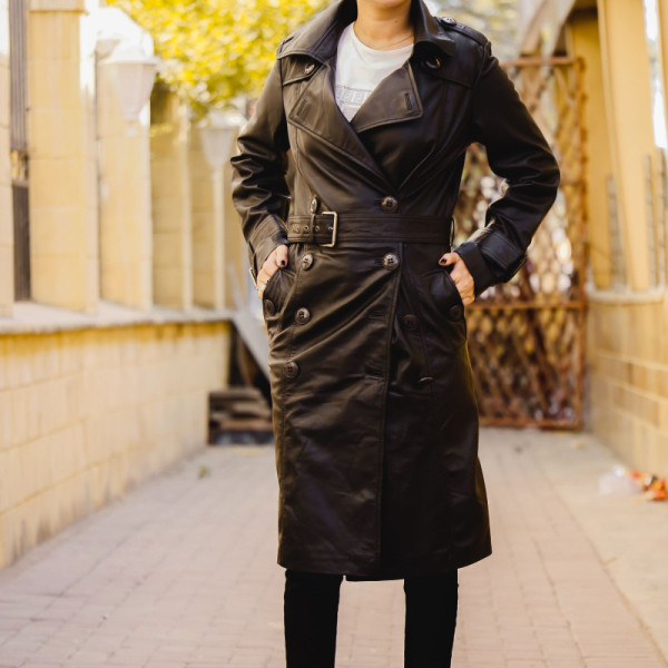 Womens Leather Long Coat-Black  ‎‎