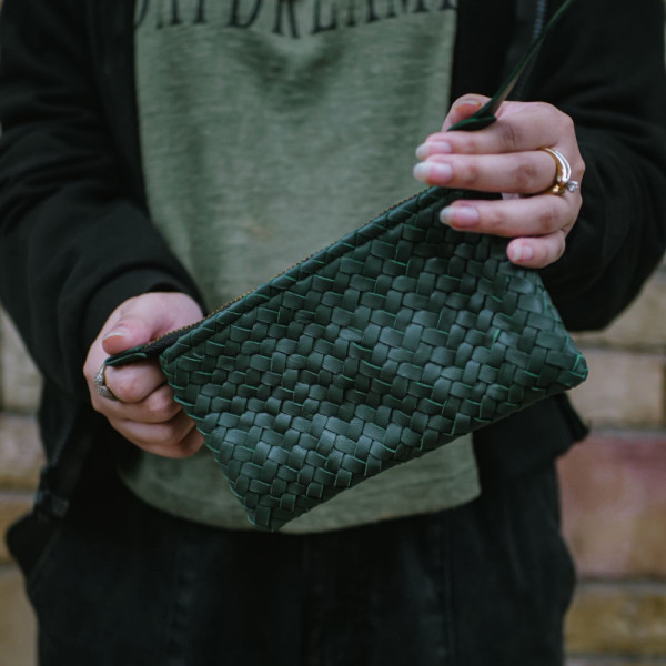 Coffer Mini Handwoven Leather Zipper Clutch-Green