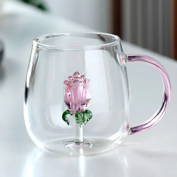 3D Rose Glass Cup With Handle