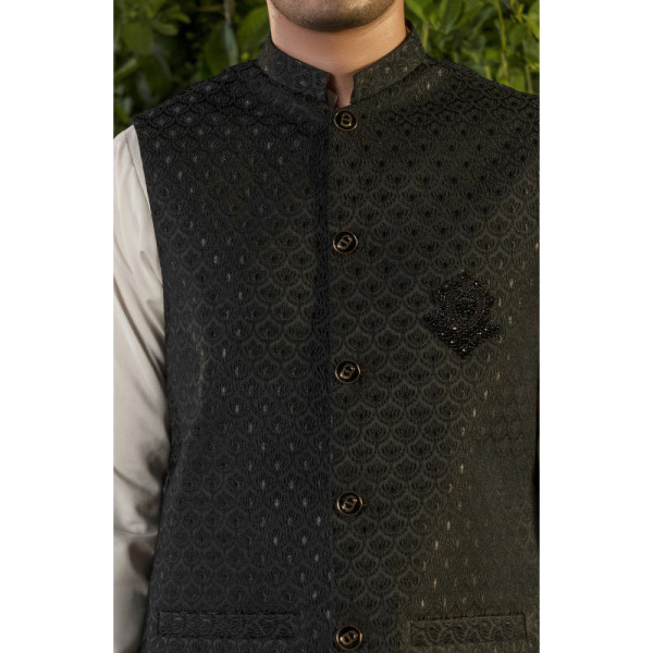 Black Embroidered Waistcoat with motif Men