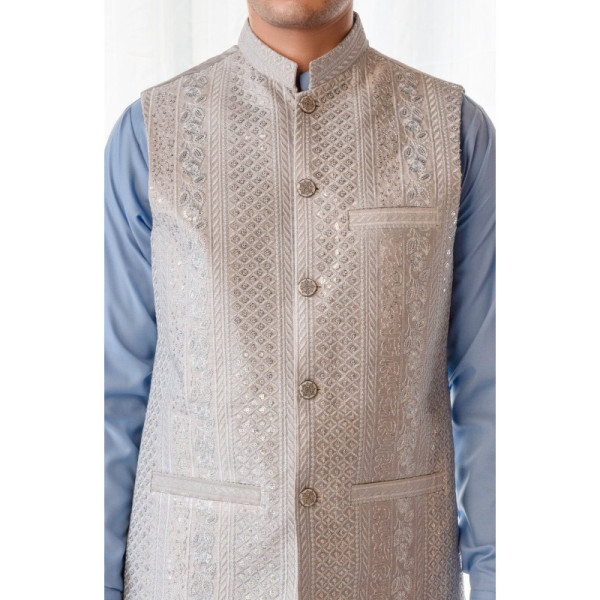 Grey Embroidered Waistcoat Men